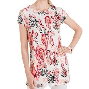 Chico’s Tunic Top Women’s 2 Paisley Ikat Stretch Knit‎ Cap Sleeve Boho Blouse